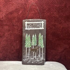 Door Decor, Rustic Welcome Sign, Outdoors Trees Moose Slate Art. 16x8. Bn, Green